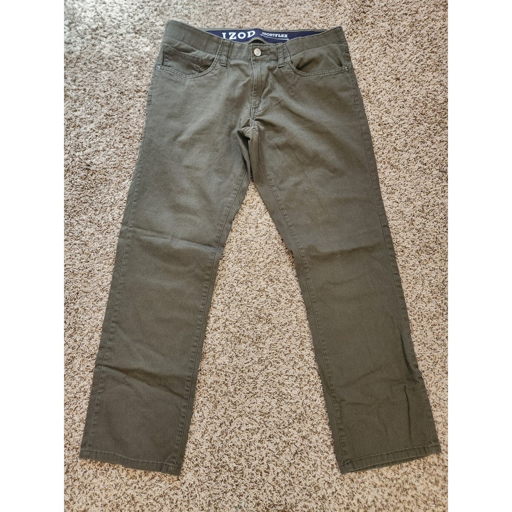 IZOD Sportflex Straight Fit Pants Mens 32x30 Olive Green Stretch Chino 5 Pocket